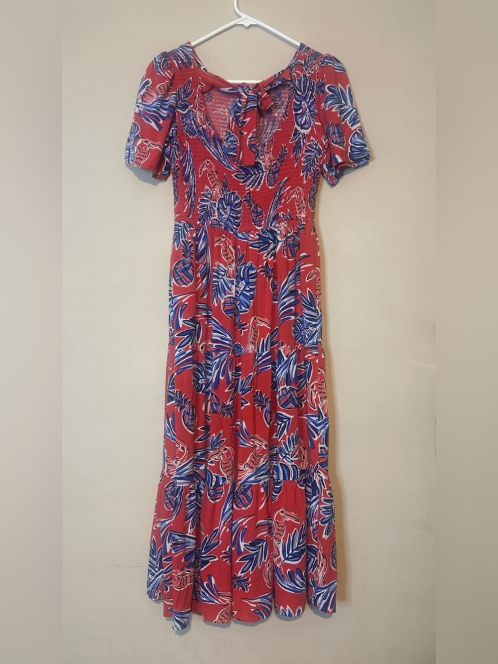Red Tropical Print Dress with Blue Leaf Pattern - Picture 6 of 6